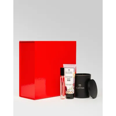 Gift BOX Zeit für mich Essence 500: Sojaduftkerze + Handcreme 75 ml + Mini-Parfüm + Rote Box
